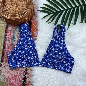 Aerie Blue Flower Floral Padded Scoop Bikini Top Swimsuit Large